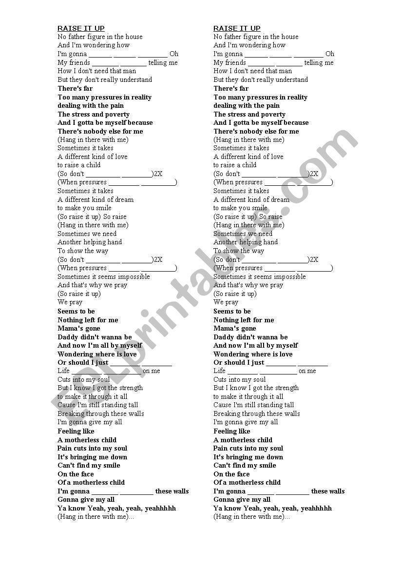 Raise it up worksheet