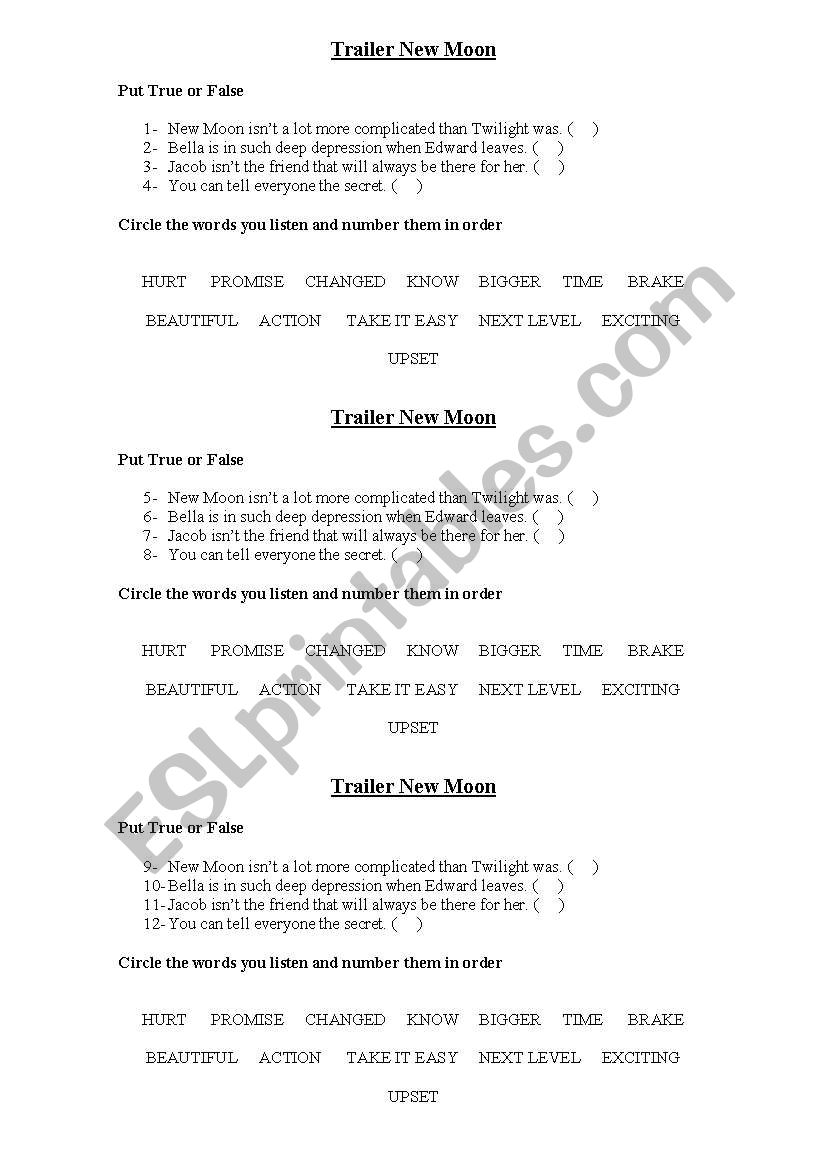 Trailer New Moon worksheet