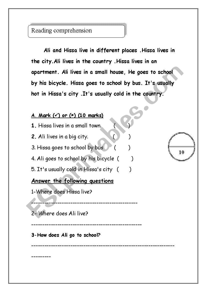 reading  worksheet