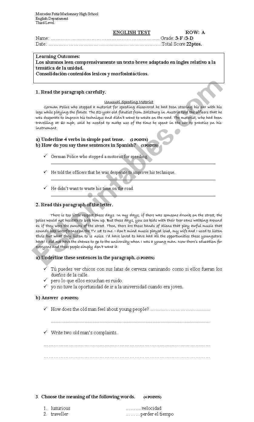 Test reading comprehension worksheet