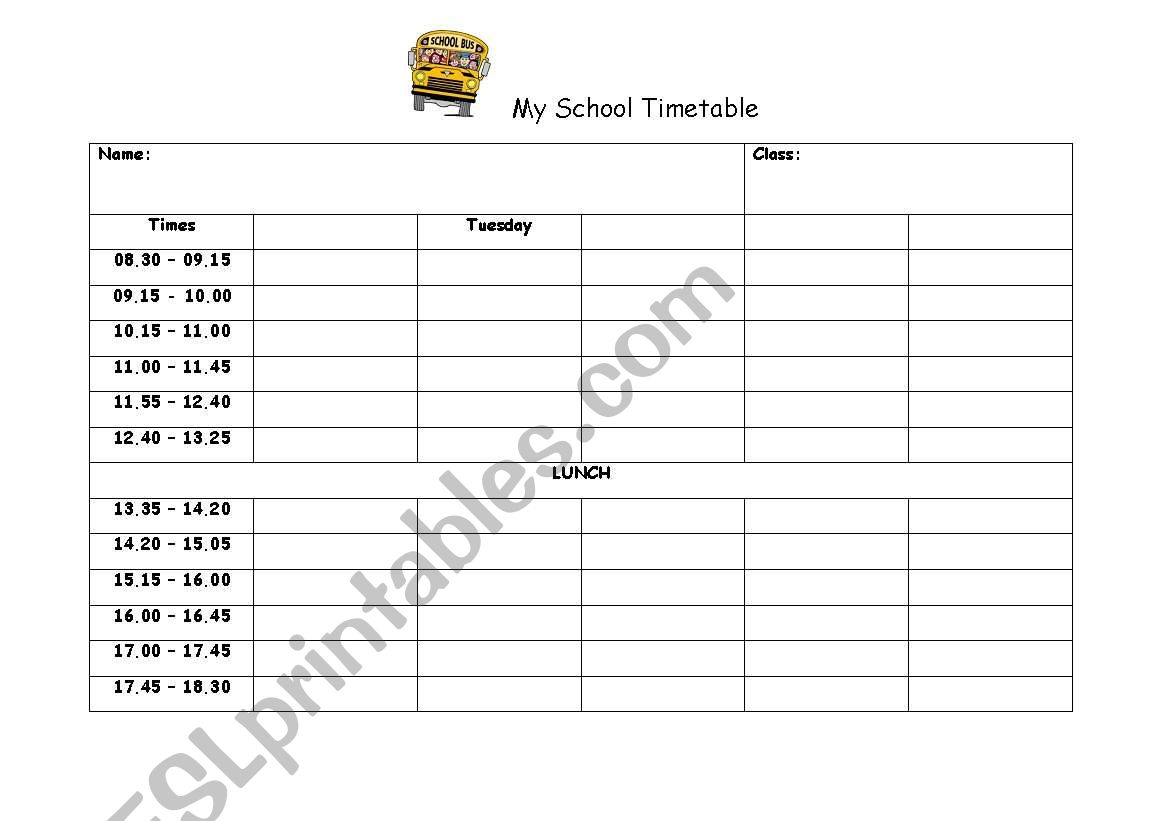 My School Timetable worksheet