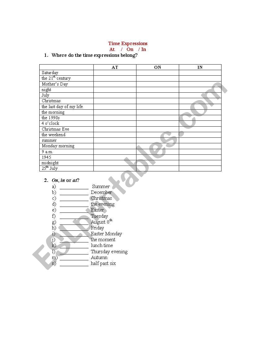 At / On /In worksheet