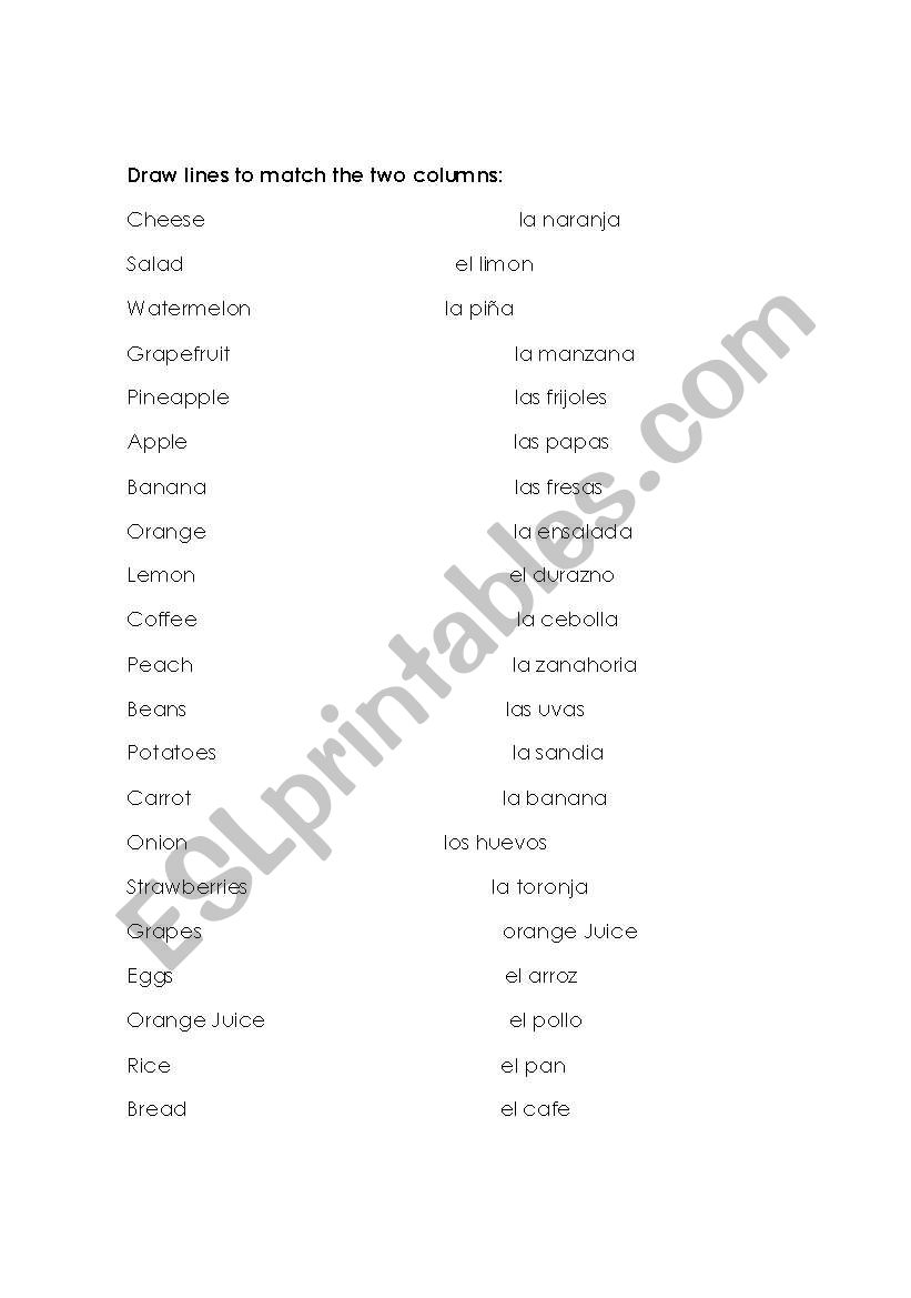 Food - Match the English and Spanish