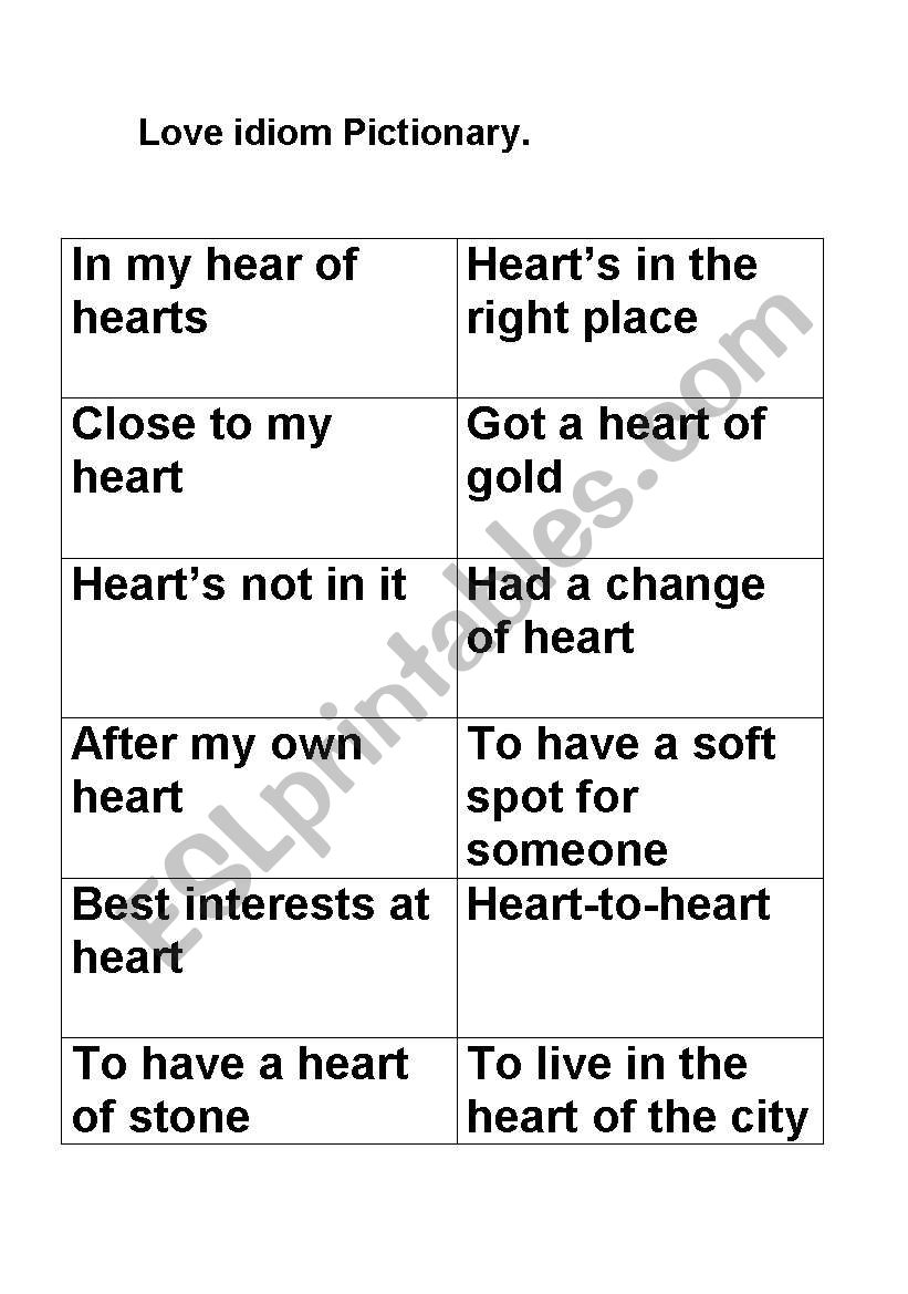 Love Idioms - Pictionary Game worksheet