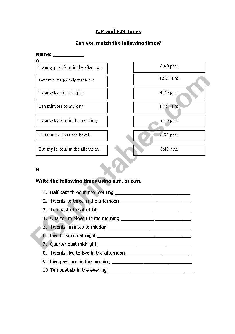 Matching a.m. and p.m. times worksheet
