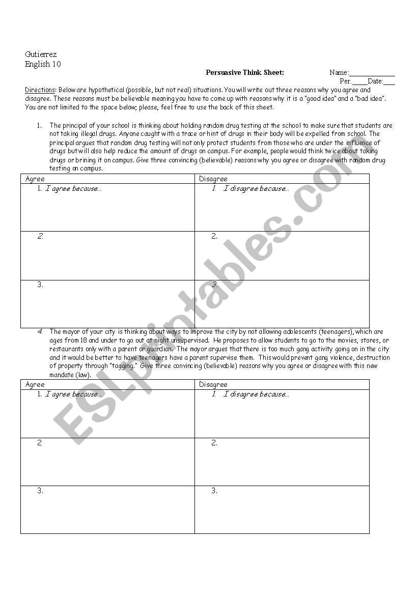 Persuasive Topics worksheet