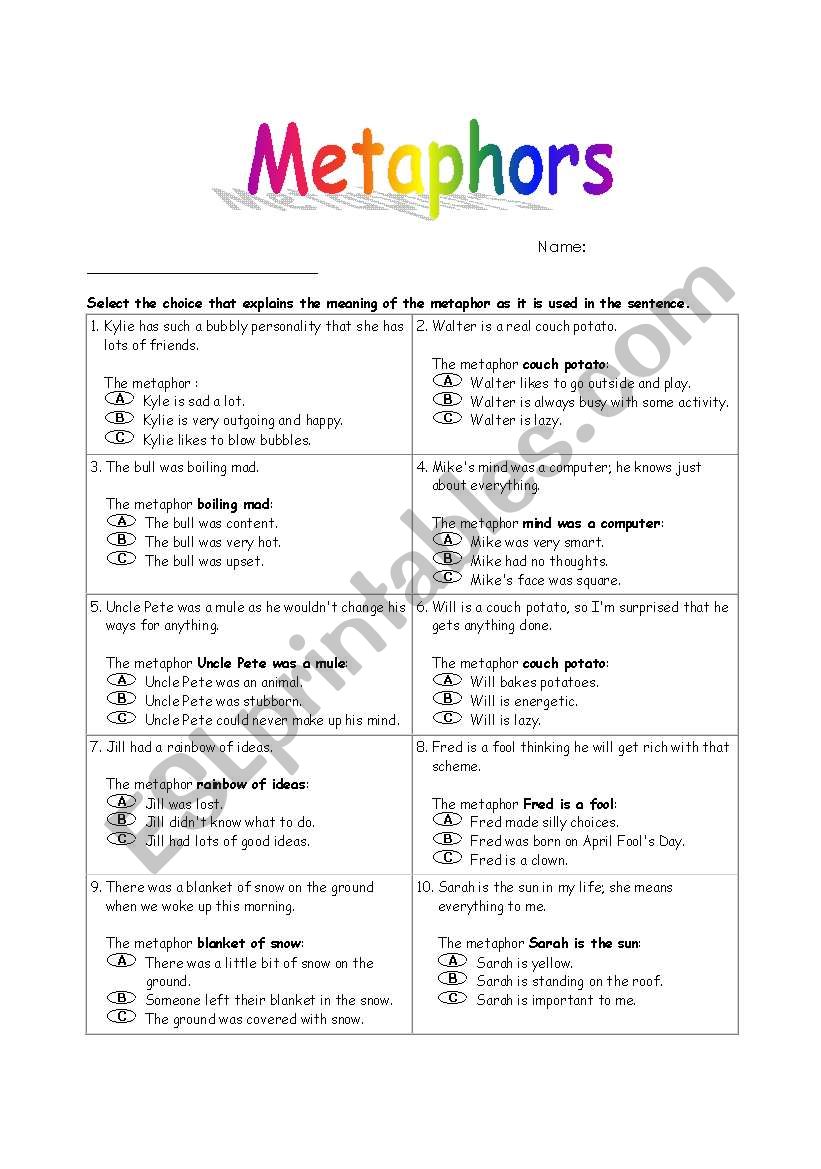 Metaphors Worksheet 1 worksheet