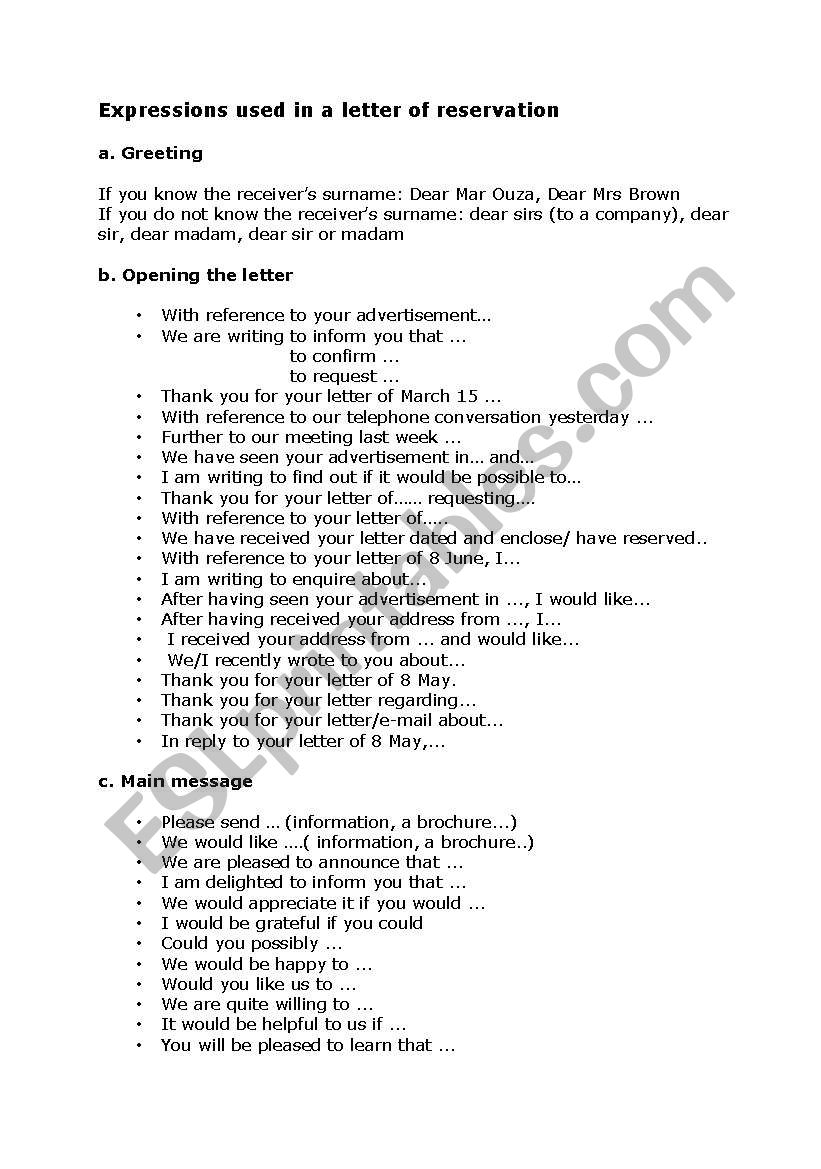 Expressions used in Business Letter