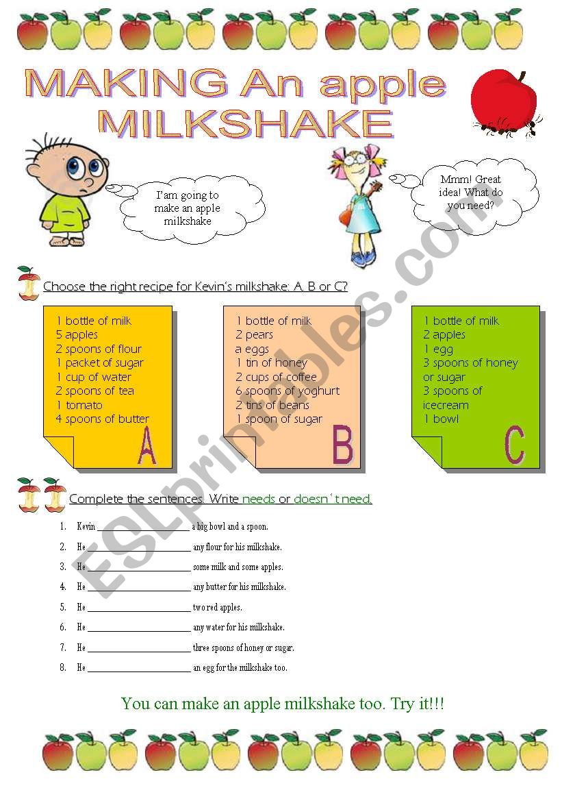 Making an apple milkshake worksheet