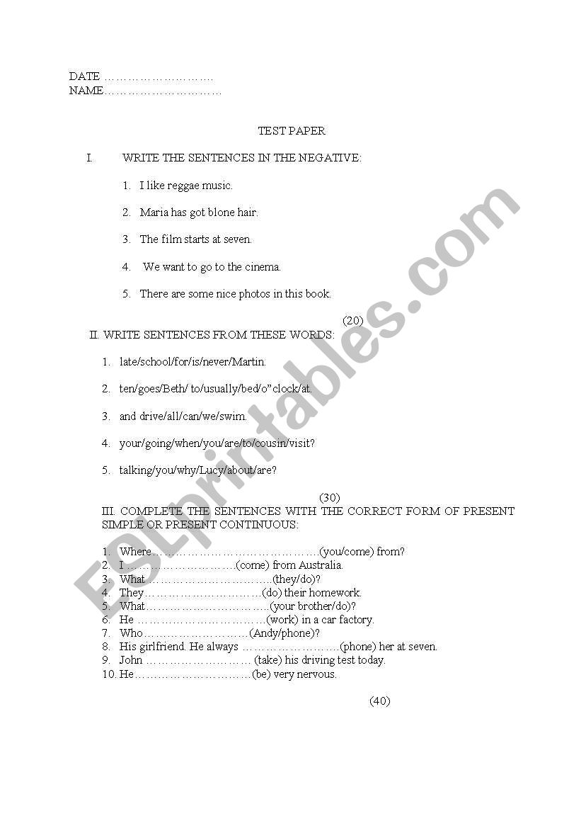 Initial tense worksheet