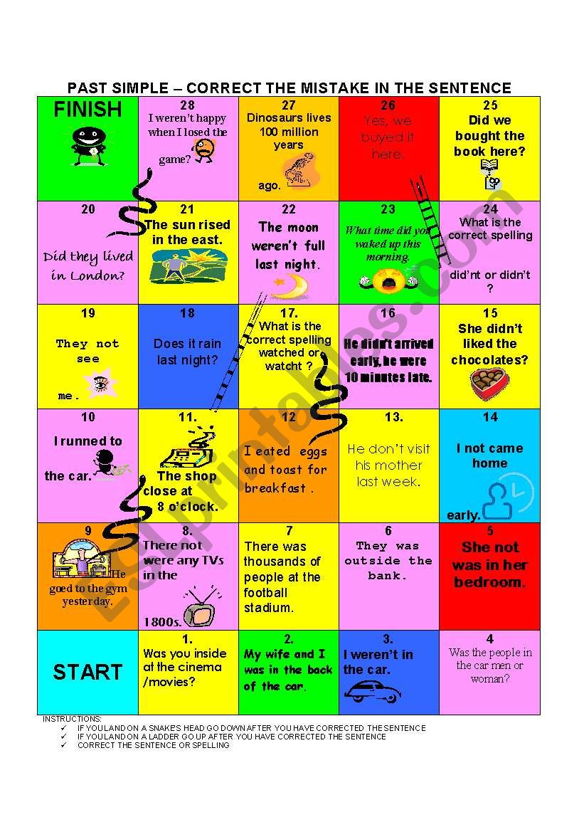 Past Simple error correction snakes and ladders game