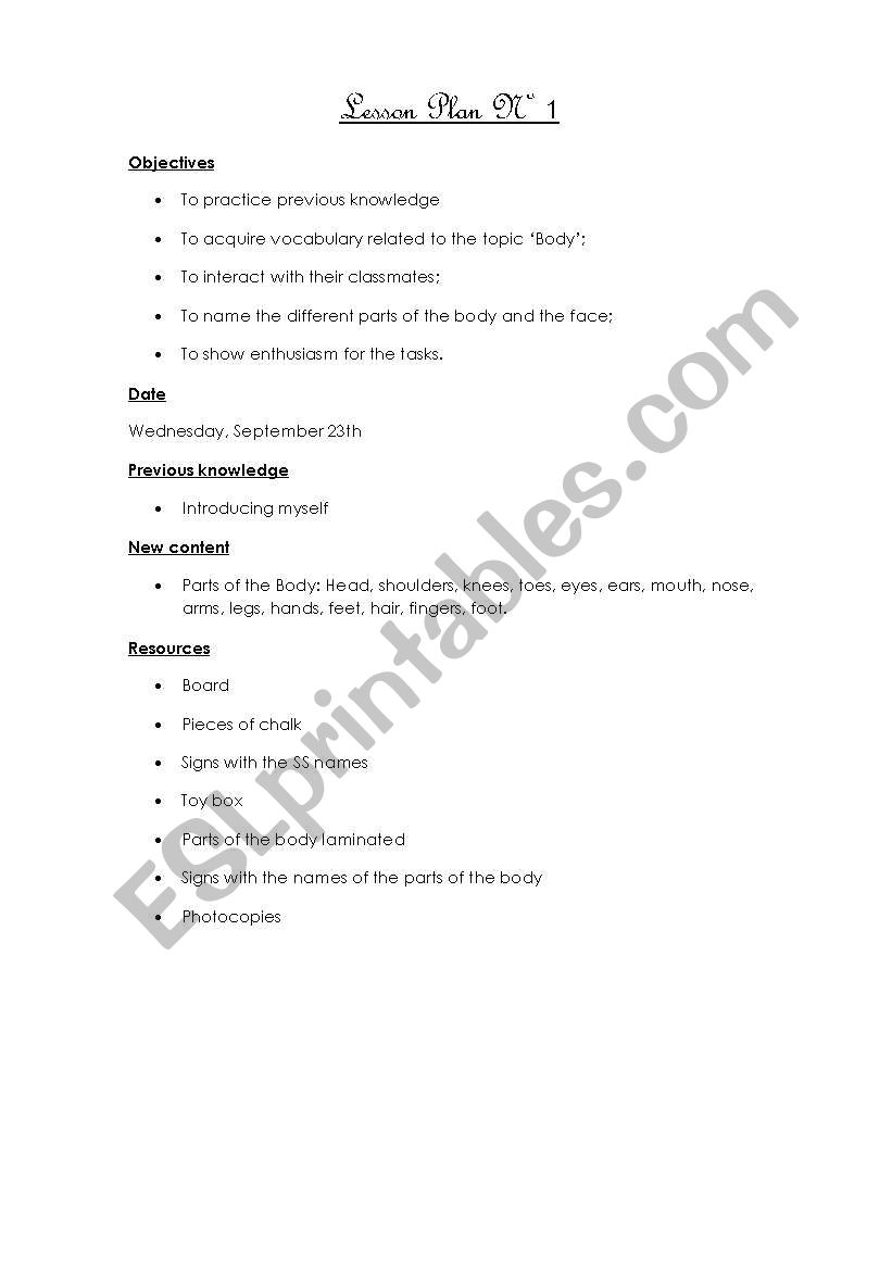 Lesson Plan N1 -  Worksheets included (Parts of the body) 1/12