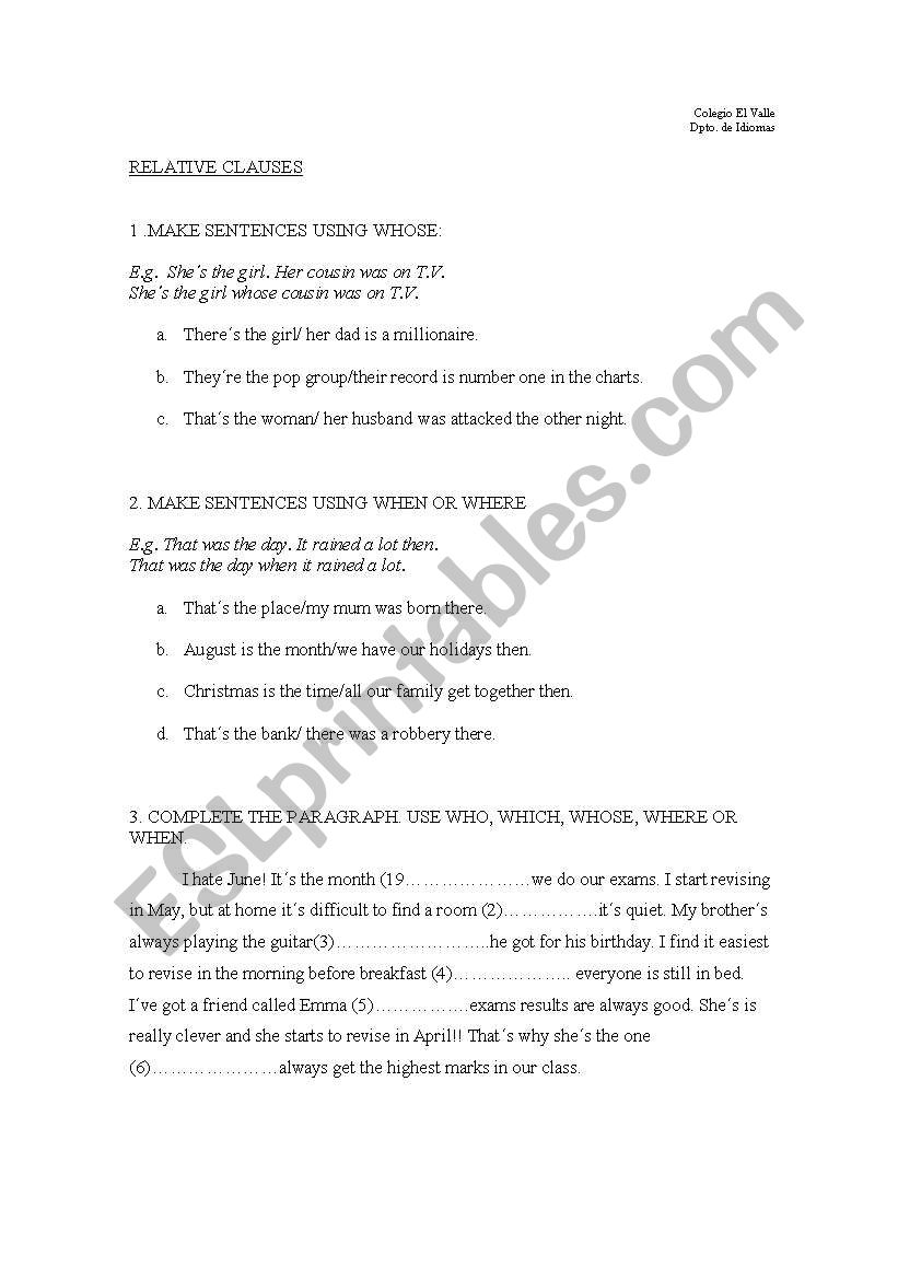 RELATIVE CLAUSES worksheet