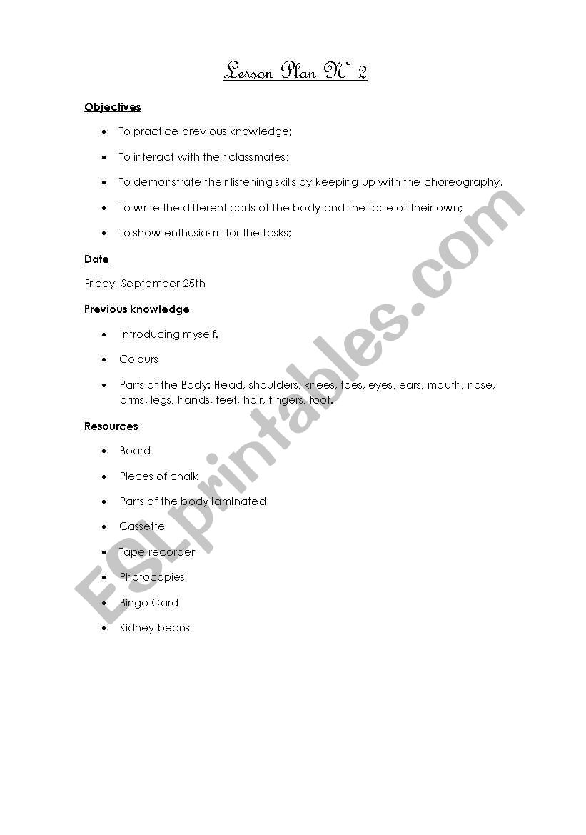 Lesson Plan NÂº2 -  Worksheets included (Parts of the body) 2/12