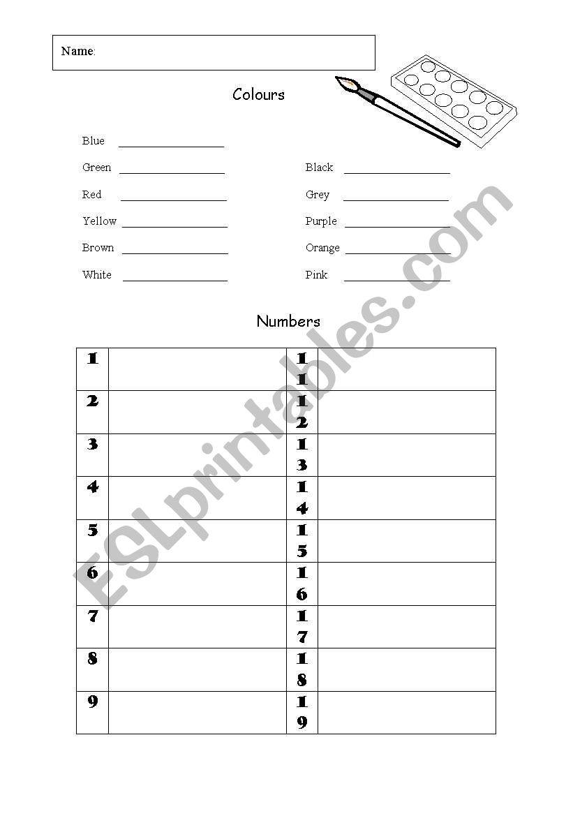 Translate the colours and write the numbers