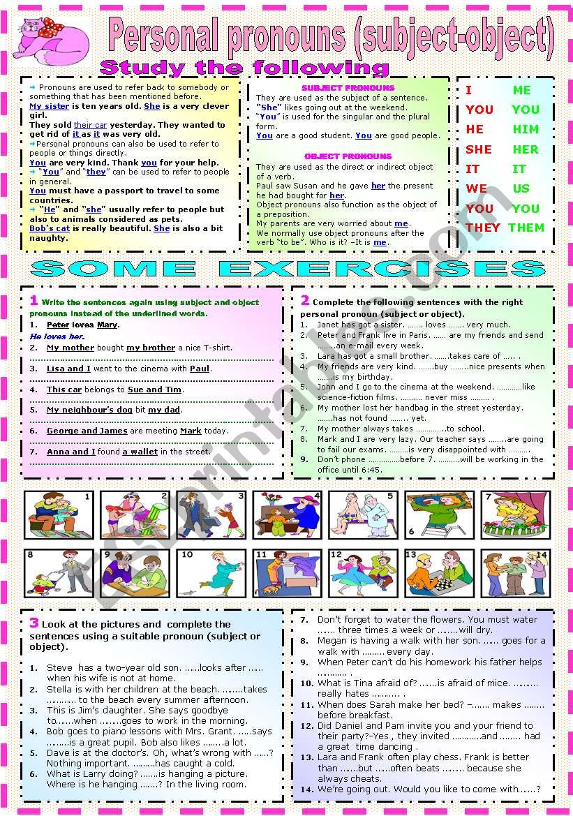 PERSONAL PRONOUNS (SUBJECT AND OBJECT)-GRAMMAR AND EXERCISES-(B&W VERSION INCLUDED)