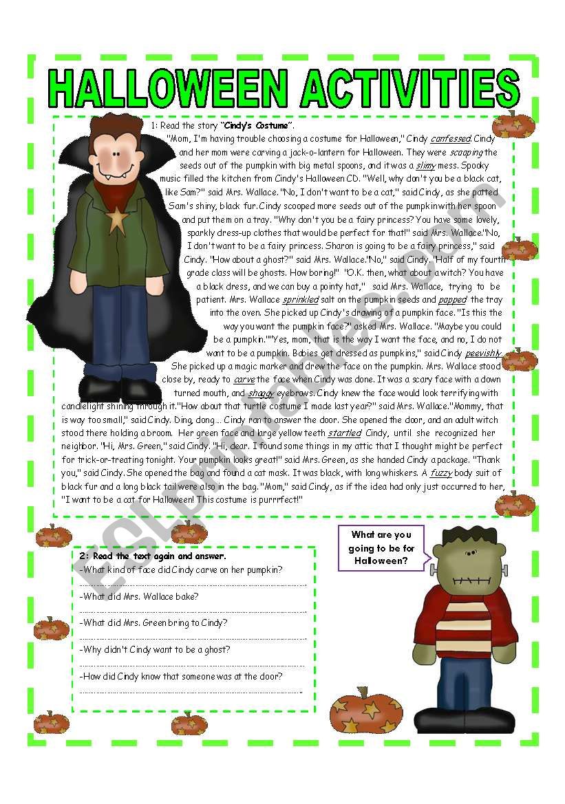 OCTOBER THEME - HALLOWEEN: READING - QUESTIONS - VOCABULARY  & MATH (3/3) - Lower Intermediate /  Intermediate - (2 pages)