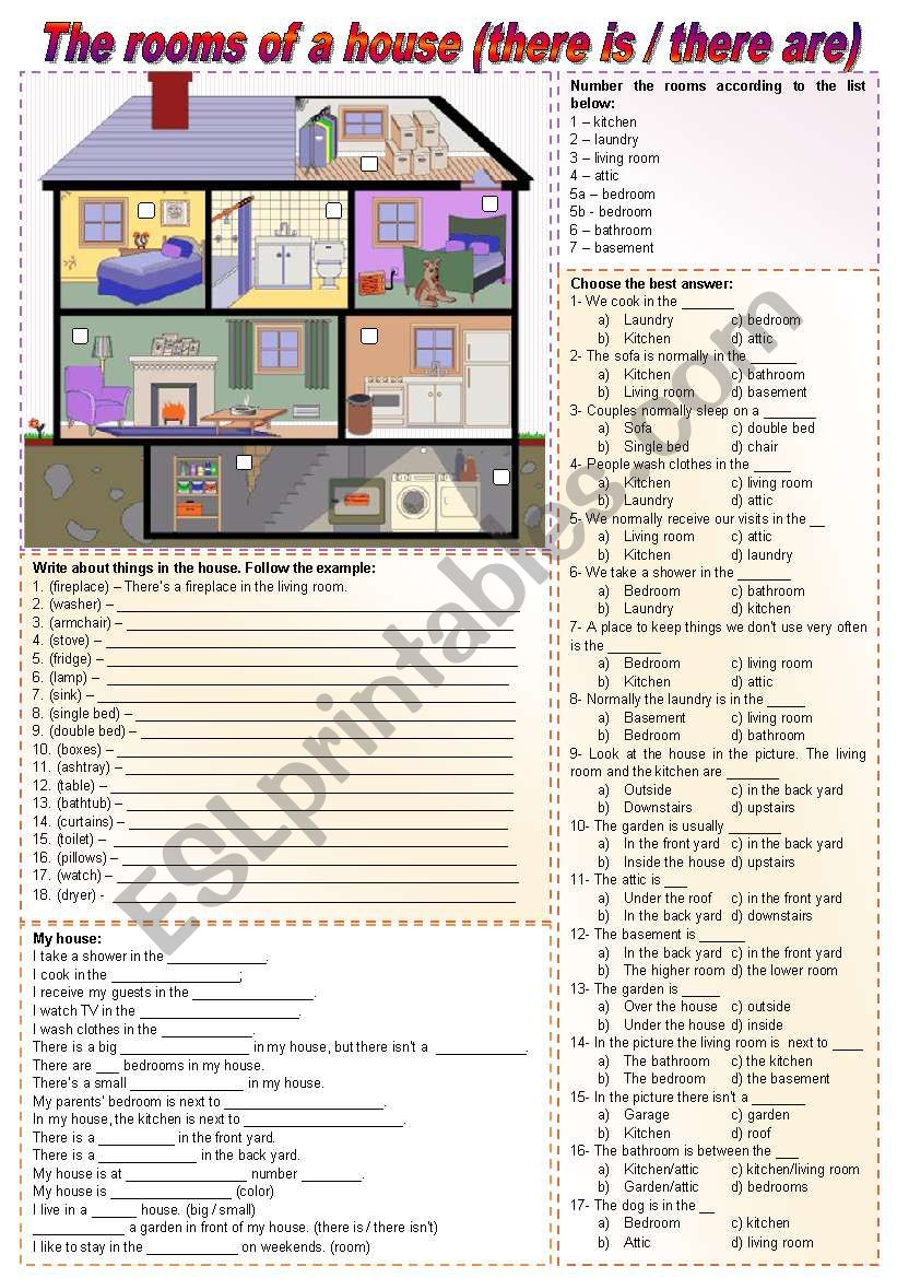 The rooms of a house (there is / there are / to be / prepositions of place) - fully editable