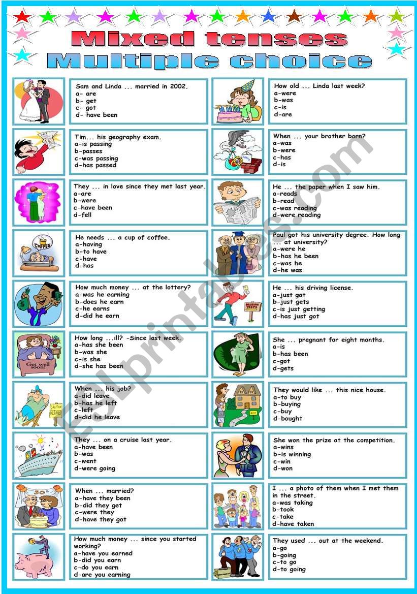 MIXED TENSES- MULTIPLE CHOICE (B&W VERSION INCLUDED)