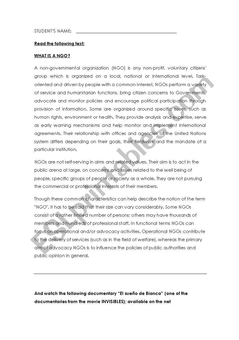 Reading with activities: WhatÂ´s an NGO + video activity