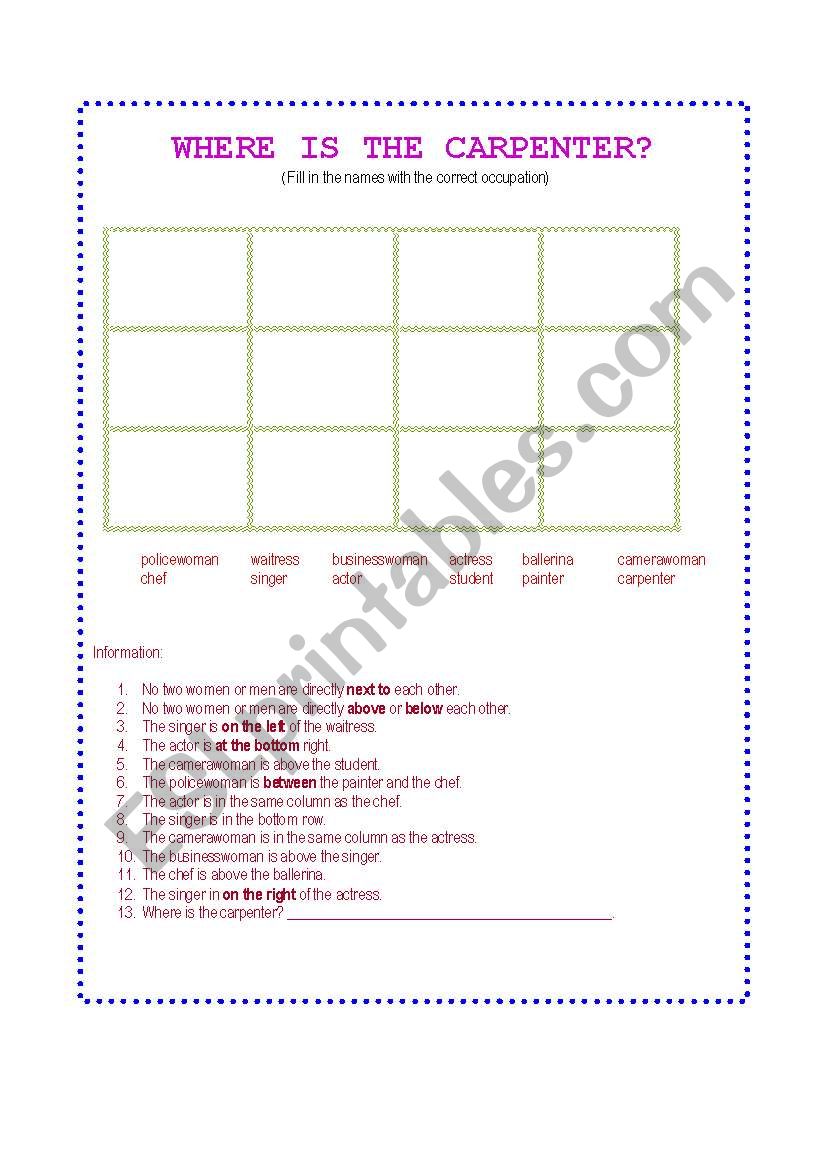 Where is the carpenter? worksheet