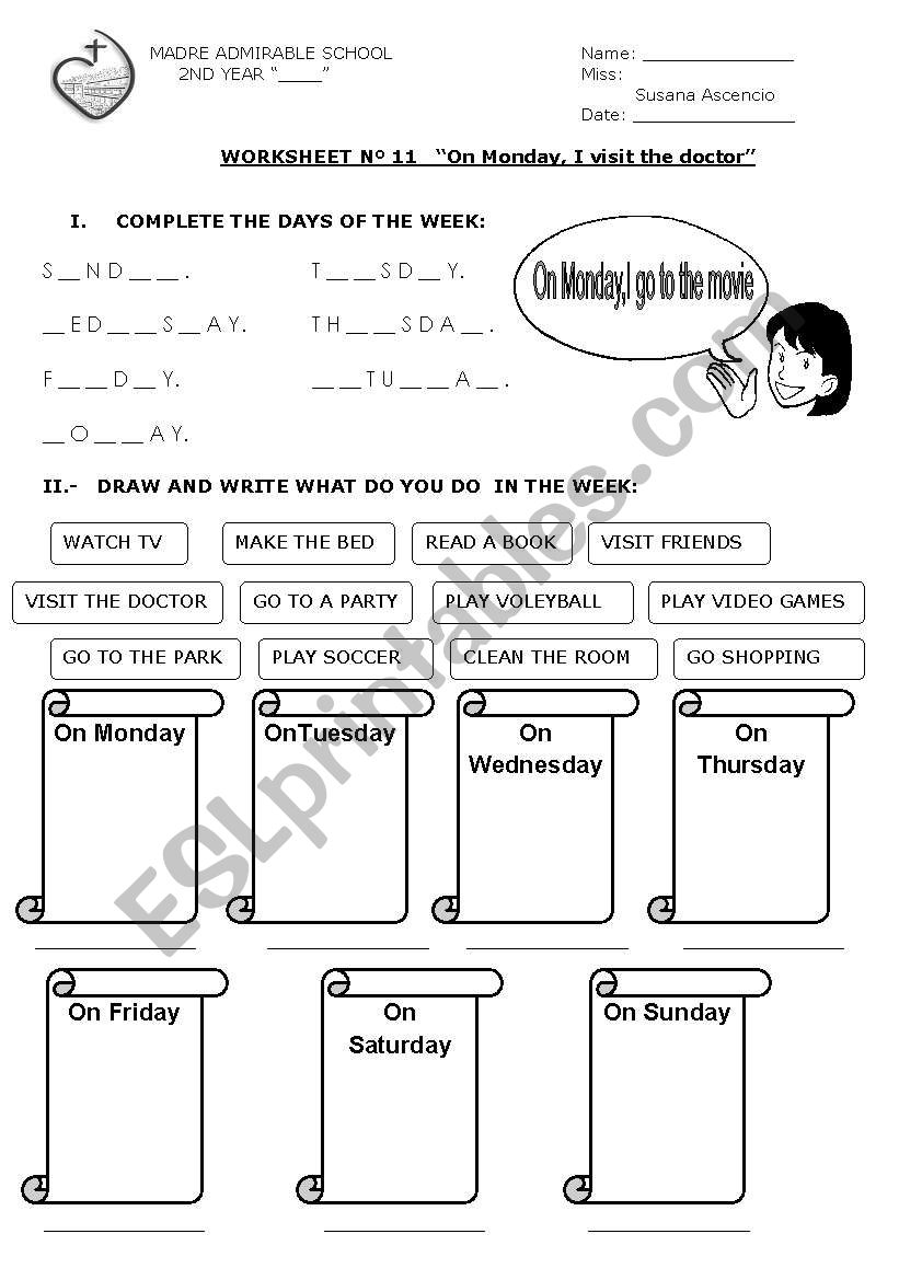 On Monday,I visit the doctor worksheet