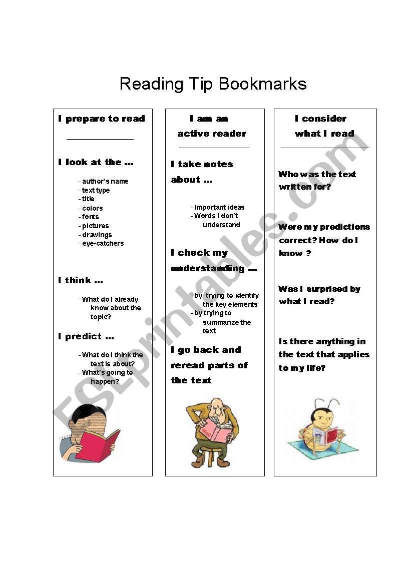 Reading Tips Bookmarks worksheet