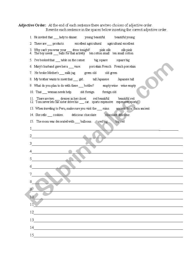 Adjective order worksheet