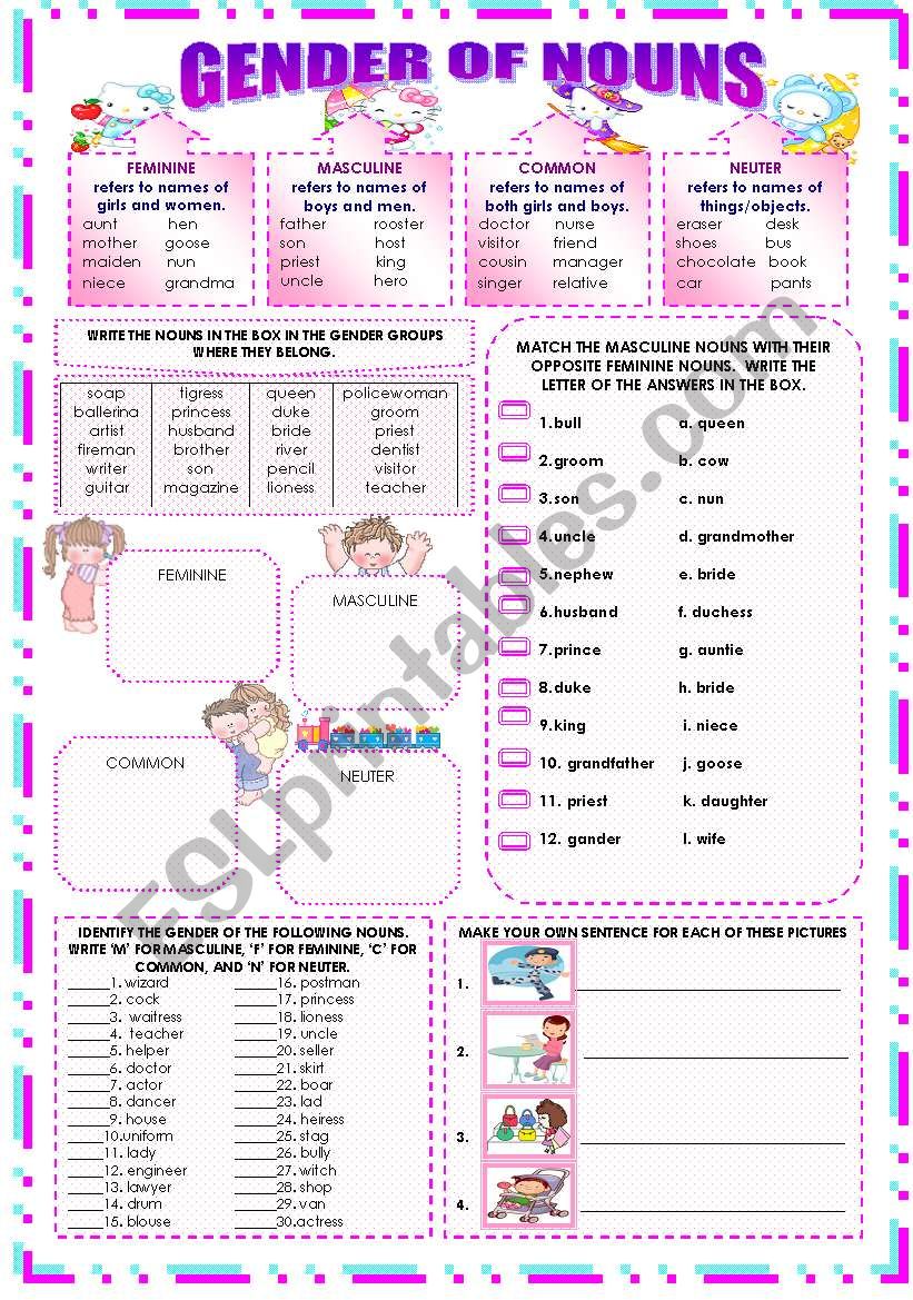 Gender Of Nouns Worksheets For Grade 4