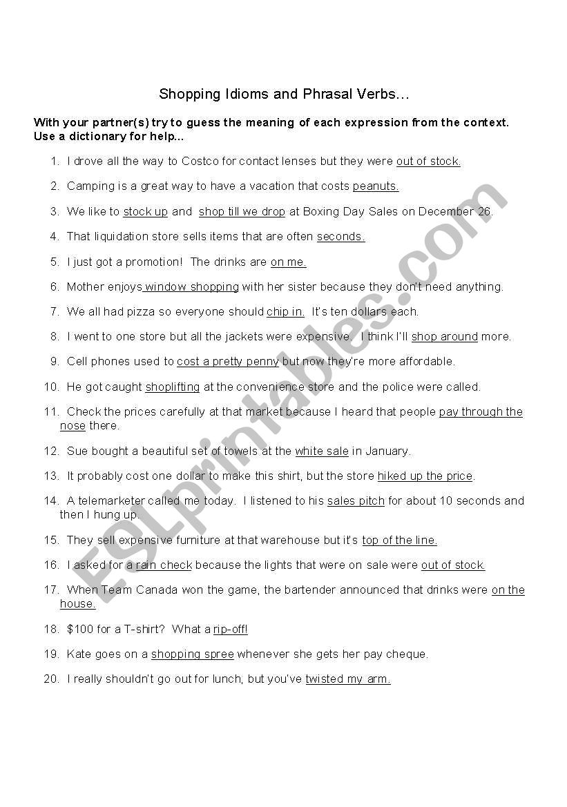 Shopping Idioms worksheet