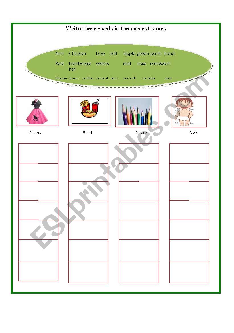 body, food, clothes, colors worksheet