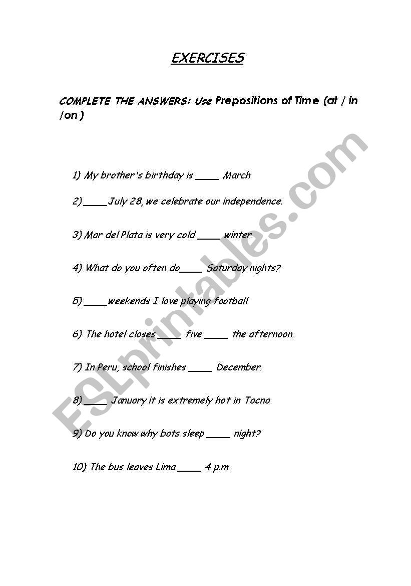 Prepositions of Time worksheet