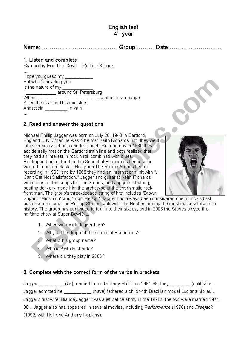 Mick Jagger worksheet