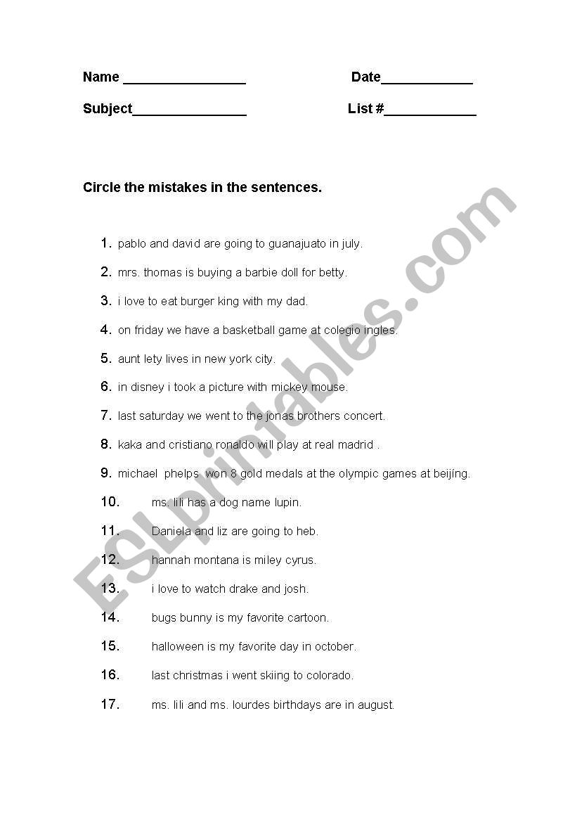 capitalization worksheet