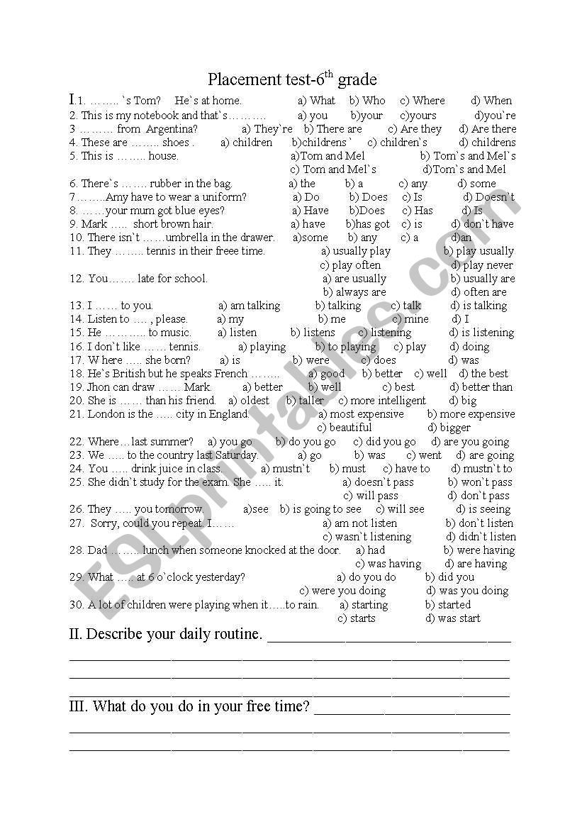 placement test 2 worksheet