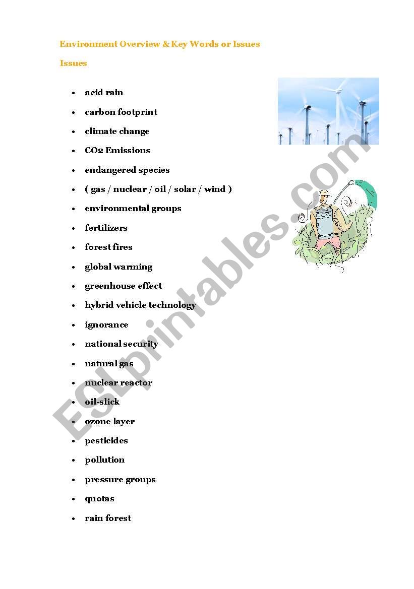Enviroment & key words worksheet