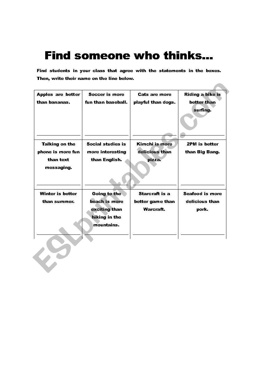 More than/Better than worksheet