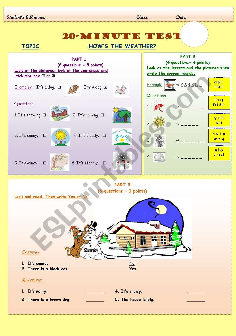 20-MINUTE TEST ( TOPIC: HOWS THE WEATHER?)