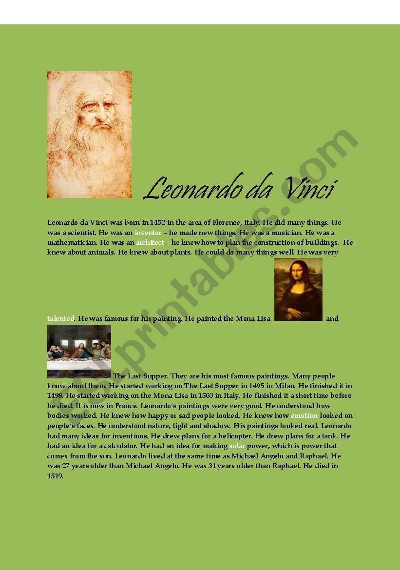 Leonardo da Vinci worksheet