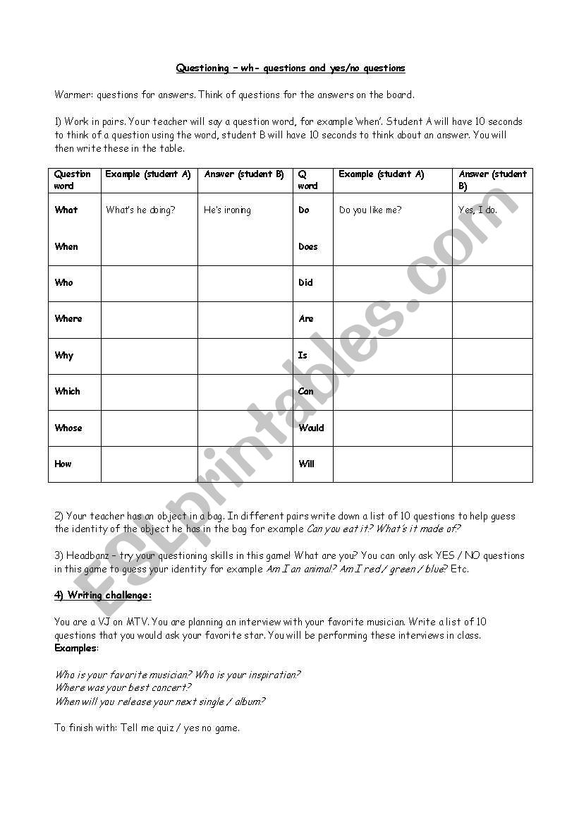 Questions for answers worksheet