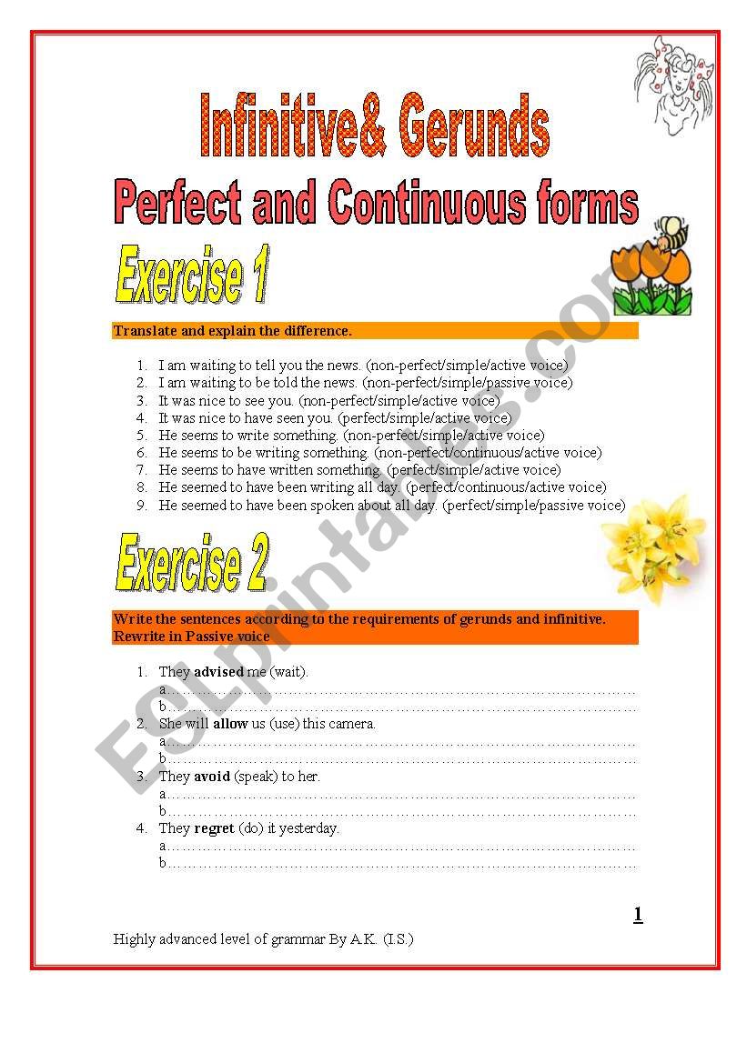 5 pages/5 exercises Perfect Infinitive and Gerunds with a KEY