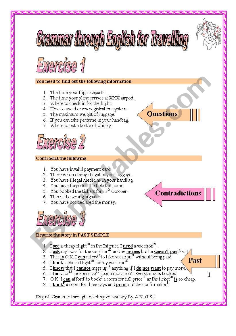 5 pages/6 exercises ENGLISH GRAMMAR THROUGH TRAVELLING VOCABULARY