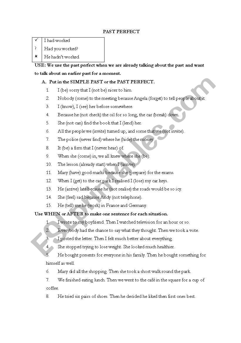 past perfect worksheet