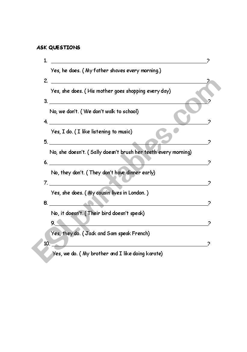 Ask Questions worksheet