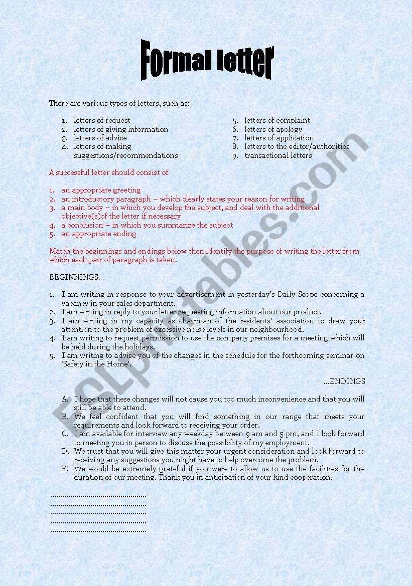 Formal letters worksheet