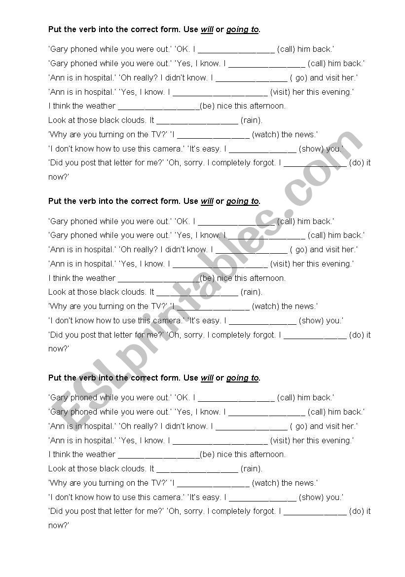 will or going to worksheet