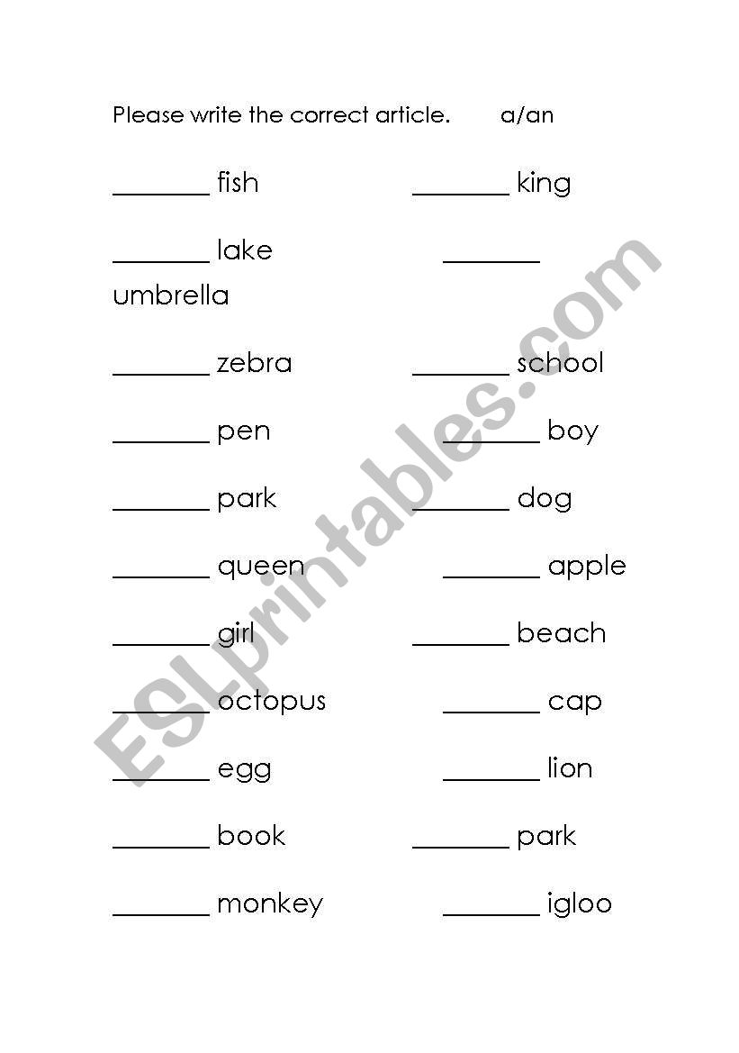Complete the articles worksheet
