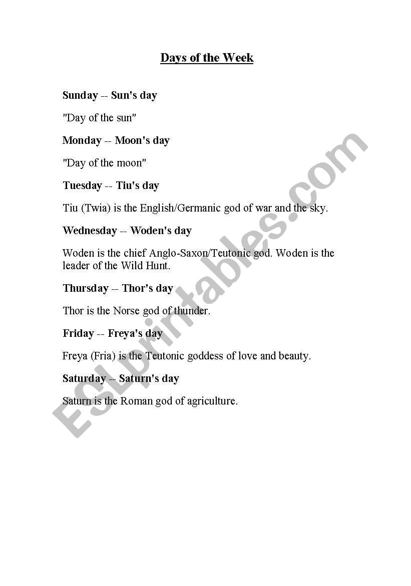 Days of the Week worksheet
