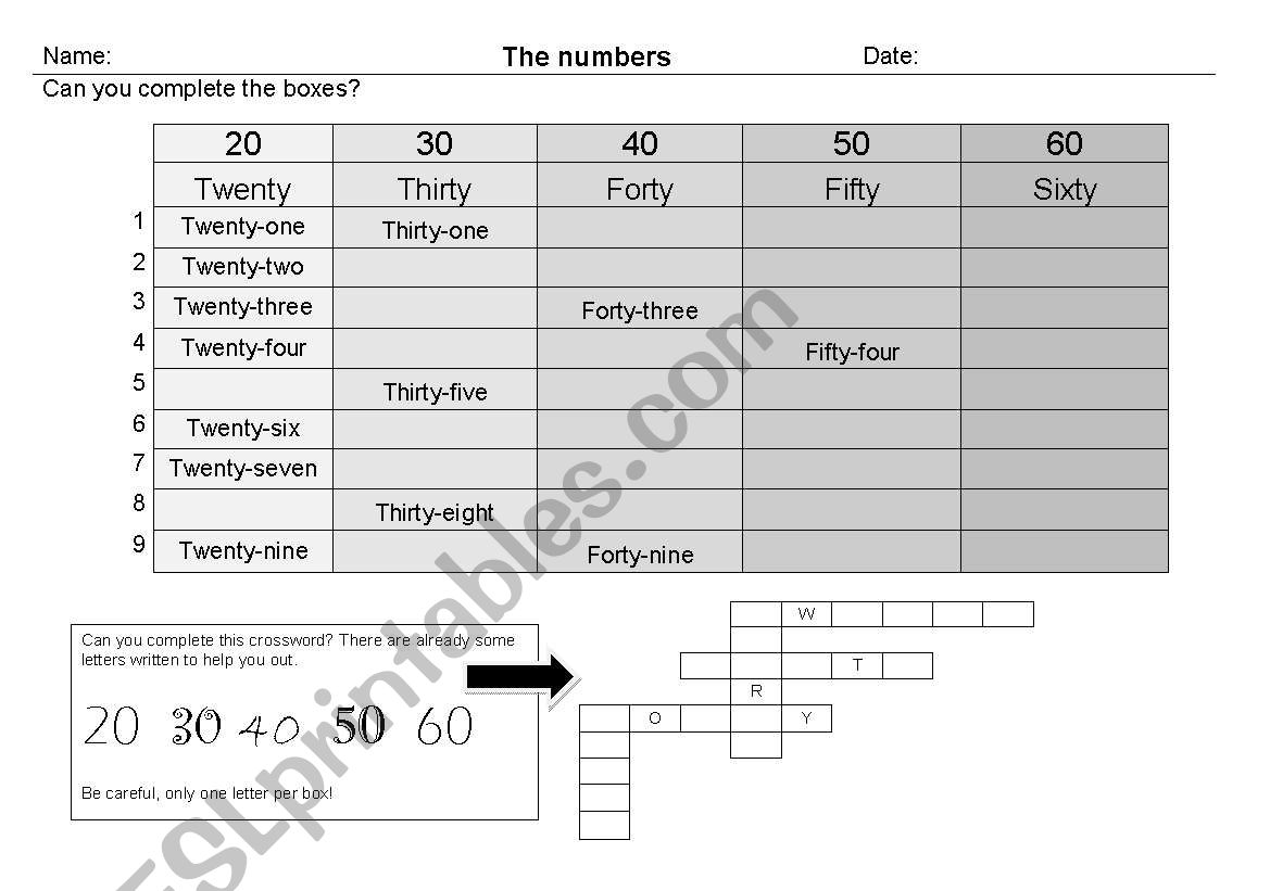 Fill in the boxes, numbers from 20 to 69