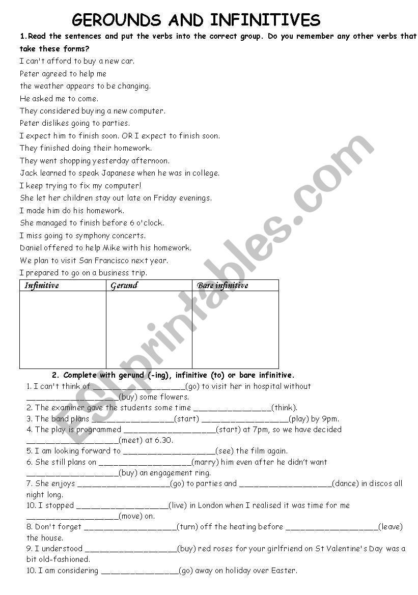 GEROUND AND INFINITIVES worksheet